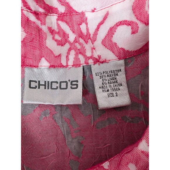 Chicos Top Pink Floral Button Drawstring Collared Long Sleeve Linen Blend Sz M - Picture 6 of 11